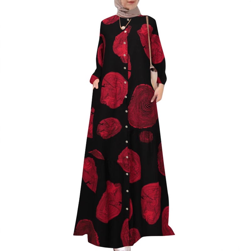 in stock cross-border foreign trade womens cotton and linen printed shirt robe dress round neck retro long sleeve plus size dress Yellow - Image 4