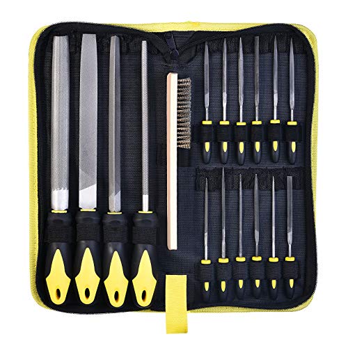 kapoua Metal File Set, Large Flat File/Half-Round File/Triangle File/Round File and 12 pcs Needle Files with Storage Bag and Steel Brush for Woodwork, Metal, Leather and Plastic - Image 1