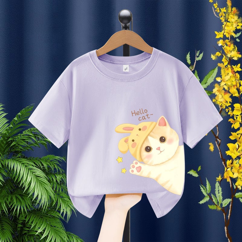 Girls Short-Sleeved T-Shirt Kitten Printed Children'S Loose Breathable Top Girls Cotton Casual Children'S Wear - Image 5