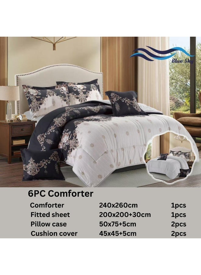 بلو سكاي مفرش سرير نفرين فندقي فاخر – طقم لحاف بحشوة 6 قطع – طقم مفارش يتكون من مفرش  بحشوة وشرشف مطاطي و 2 كيس مخدة و 2 كيس وسادة مربعة – طقم نوم ناعم ومريح - مقاس المفرش 260X240 سم - Image 2