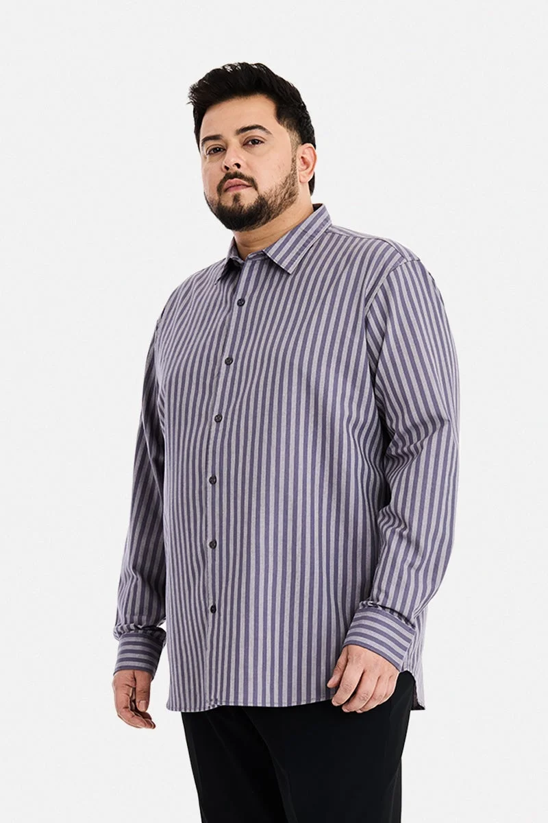 SNITCH Grey Striped Long Sleeve Regular Fit Plus Size Shirt