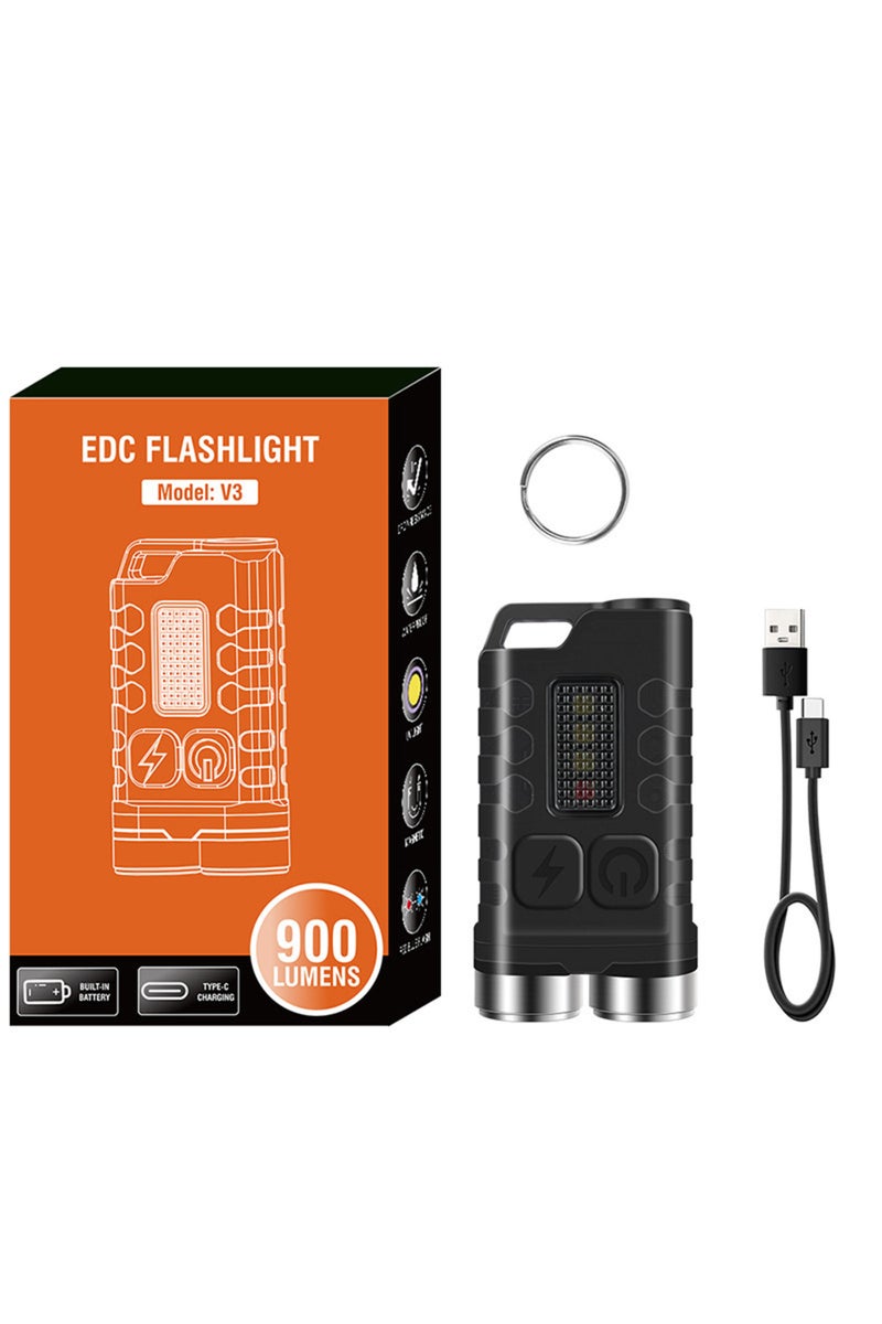 Fixed Focus black V3 EDC Flashlight Keychain Light 900 Lumens Handheld Portable Super Bright TYPE-C