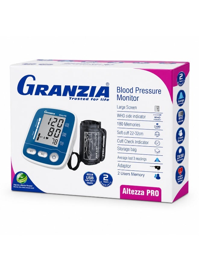 جرانزيا جهاز قياس ضغط الدم الرقمي للذراع التيتزا برو (Altezza PRO) من جرانزيا - مزود بشاحن (أدايبتور) وشاشة عرض كبيرة - لون أزرق وأبيض - Image 1