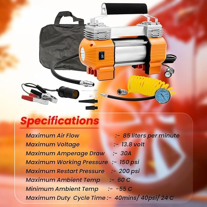 AGCCAR 2 Cylinder Air Compressor with Light, 150 PSI Max Pressure, 12V, Portable with Dual Stainless Steel Cylinders,Built-in Thermal Overload Protection, Ideal for Off-Road Tires - موطور هواء - Image 5