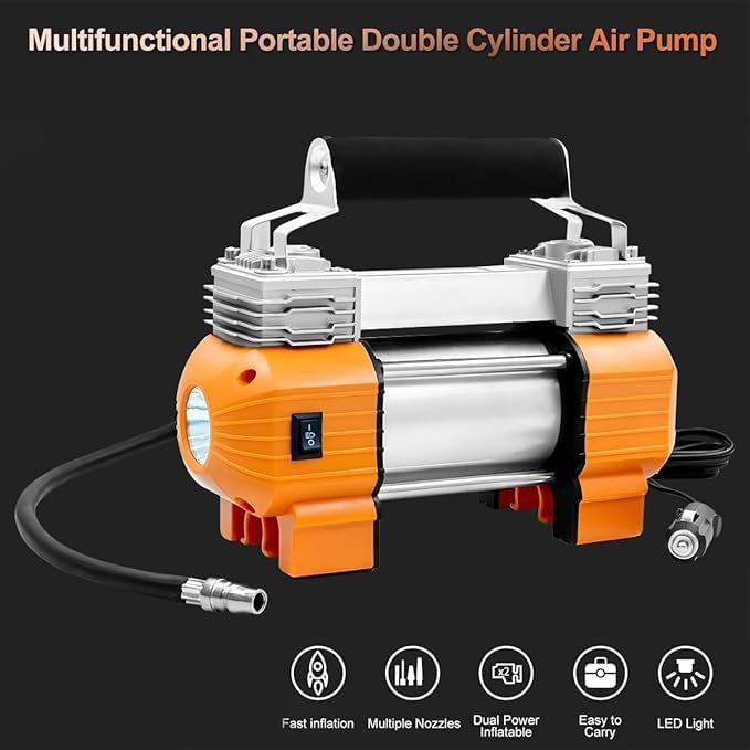 AGCCAR 2 Cylinder Air Compressor with Light, 150 PSI Max Pressure, 12V, Portable with Dual Stainless Steel Cylinders,Built-in Thermal Overload Protection, Ideal for Off-Road Tires - موطور هواء - Image 4
