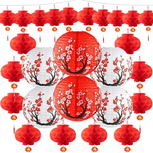 KaTiSeMo 26 Pcs Hibachi Party Decorations Contains 6 Japanese Lanterns with Cherry Blossom Patterns 20 Chinese Red Lanterns for Chinese New Year Home Restaurant Hibachi Party Japanese Restaurant - Image 1
