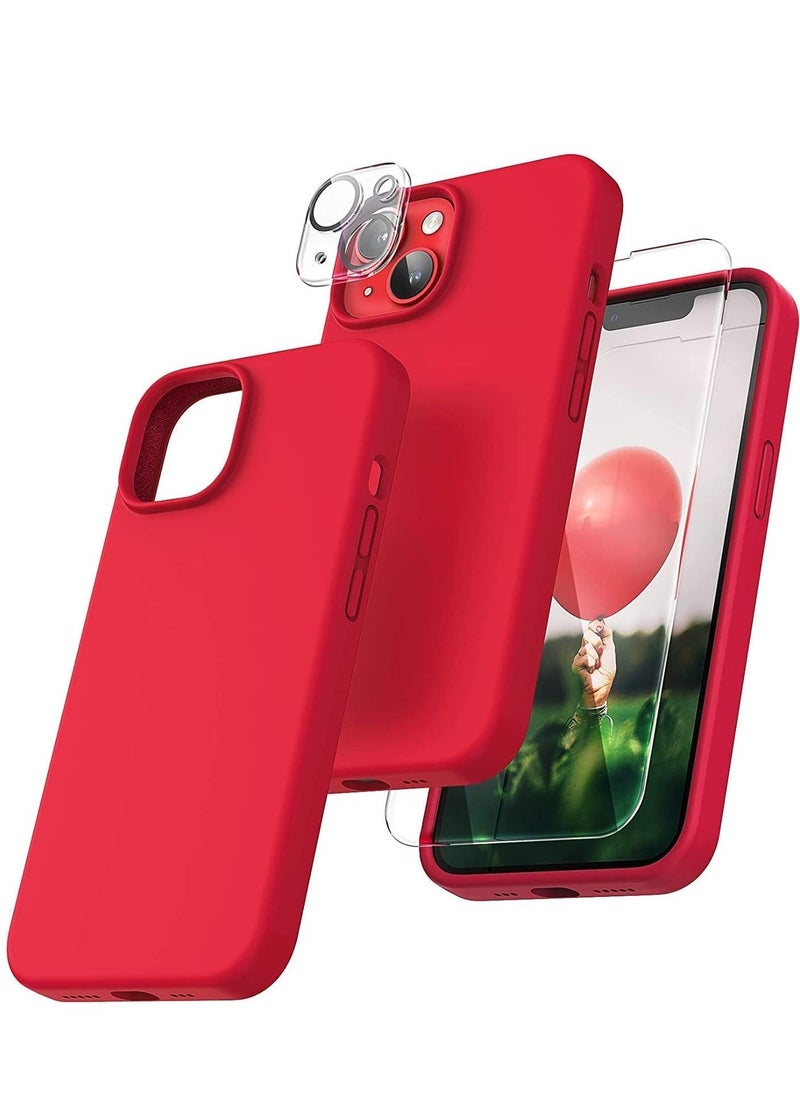 [5 in 1] Designed for IPhone 14 PLUS Case, with 2 Pack Screen Protector + 2 Pack Camera Lens Protector, Liquid Silicone Phone Case IPhone 14 PLUS, [Anti-Scratch] [Drop Protection], Red - Image 1