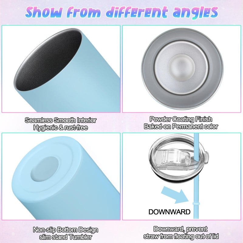 Vesici 16 Packs Skinny Tumblers Bulk 20 oz Stainless Steel Double Wall Vacuum Insulated Tumbler Slim Water Cups with Lid and Straw for Travel DIY Hot Cold Drink, 16 Colors - Image 4