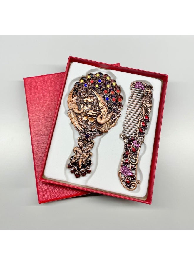 M MIAOYAN Unique handheld mirror and comb set, retro handheld mirror, portable peacock makeup mirror, metal dressing mirror, decorative makeup mirror, gift for girls. - Image 1