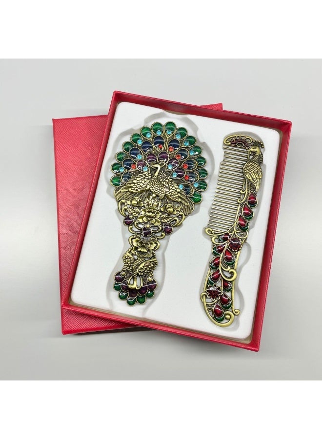 M MIAOYAN Unique handheld mirror and comb set, retro handheld mirror, portable peacock makeup mirror, metal dressing mirror, decorative makeup mirror, gift for girls. - Image 2