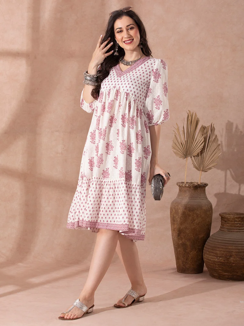 globus Globus Women Pink Ethnic Floral Print V-Neck Puff Sleeves Flared Hem Tiered A-Line Fusion Dress