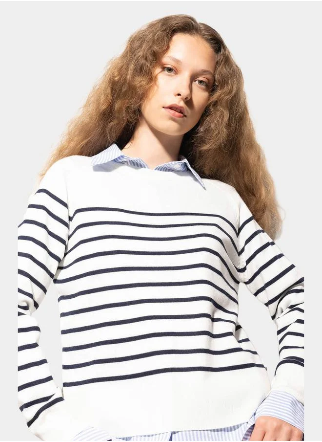 ديفاكتو Striped Crew Neck Regular Fit Sweater