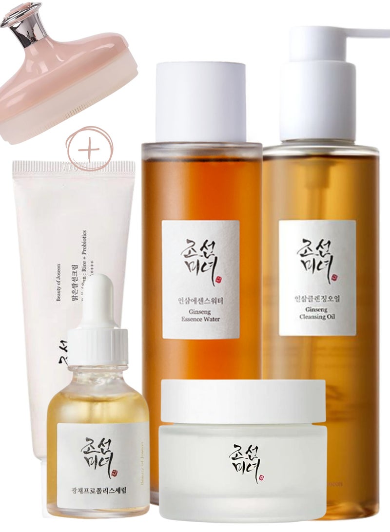 Beauty of Joseon Infinite Hydration Collection Pack For Natural Glow & Face Scrubber - Ginseng Cleansing Oil, Ginseng Essence Water, Glow Serum, Dynasty Cream, & Sunscreen Rice + Probiotics SPF50+ PA++++ 410ml - Image 1