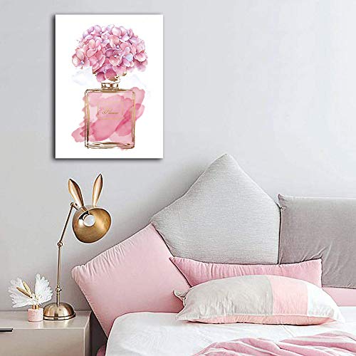 tigeridge Pink Flowers Wall Art Fashion Canvas Pictures Girls Bedroom Wall Decor Watercolor Hydrangea Contemporary Canvas Artwork Botanic Perfume Bottle Living Room Bathroom Decor Framed Ready to Hang 12" x 16" - Image 5