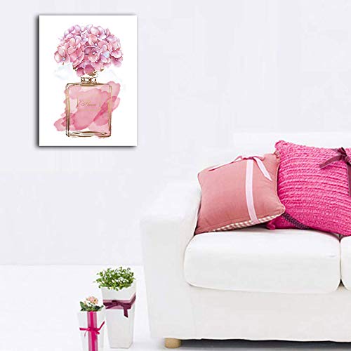 tigeridge Pink Flowers Wall Art Fashion Canvas Pictures Girls Bedroom Wall Decor Watercolor Hydrangea Contemporary Canvas Artwork Botanic Perfume Bottle Living Room Bathroom Decor Framed Ready to Hang 12" x 16" - Image 3