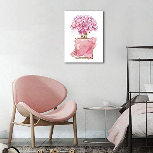 tigeridge Pink Flowers Wall Art Fashion Canvas Pictures Girls Bedroom Wall Decor Watercolor Hydrangea Contemporary Canvas Artwork Botanic Perfume Bottle Living Room Bathroom Decor Framed Ready to Hang 12" x 16" - Image 4