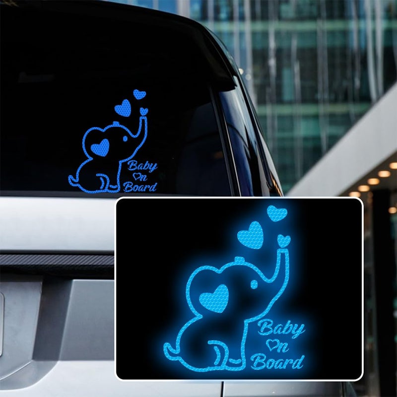 Iprokiu High Intensity Reflective Baby on Board Car Decal Cartoon Cute Elephant Kids on Board Car Sticker Waterproof Safety Warning Decal Baby in Car Sticker Blue - Image 3