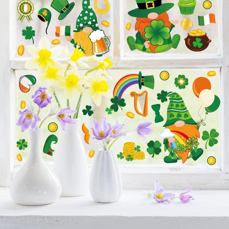 Whaline 18 Sheet Spring St. Patrick's Day Easter Window Clings Stickers Cute Gnome Window Decals Sunflower Bee Shamrock Easter Bunny Eggs Window Decor for Home School Office Decor Party Supplies - Image 2