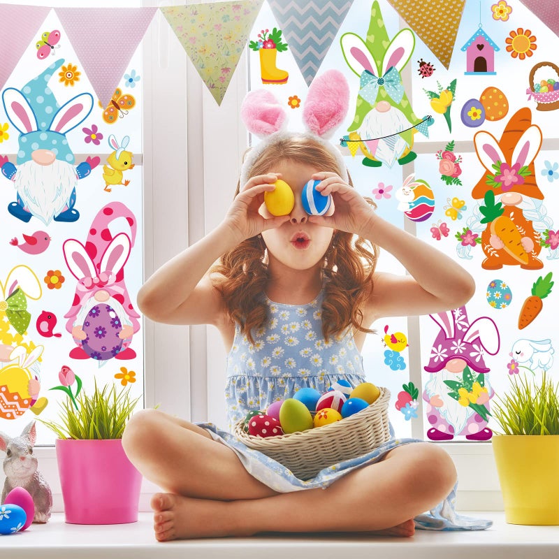 Whaline 18 Sheet Spring St. Patrick's Day Easter Window Clings Stickers Cute Gnome Window Decals Sunflower Bee Shamrock Easter Bunny Eggs Window Decor for Home School Office Decor Party Supplies - Image 4