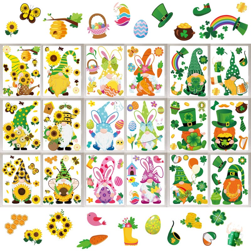 Whaline 18 Sheet Spring St. Patrick's Day Easter Window Clings Stickers Cute Gnome Window Decals Sunflower Bee Shamrock Easter Bunny Eggs Window Decor for Home School Office Decor Party Supplies - Image 1