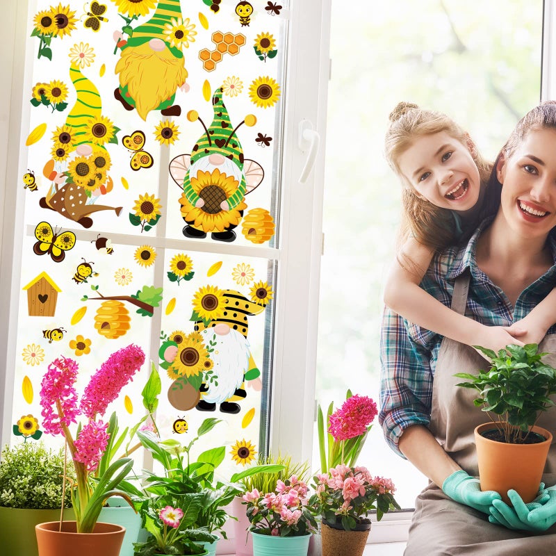 Whaline 18 Sheet Spring St. Patrick's Day Easter Window Clings Stickers Cute Gnome Window Decals Sunflower Bee Shamrock Easter Bunny Eggs Window Decor for Home School Office Decor Party Supplies - Image 3