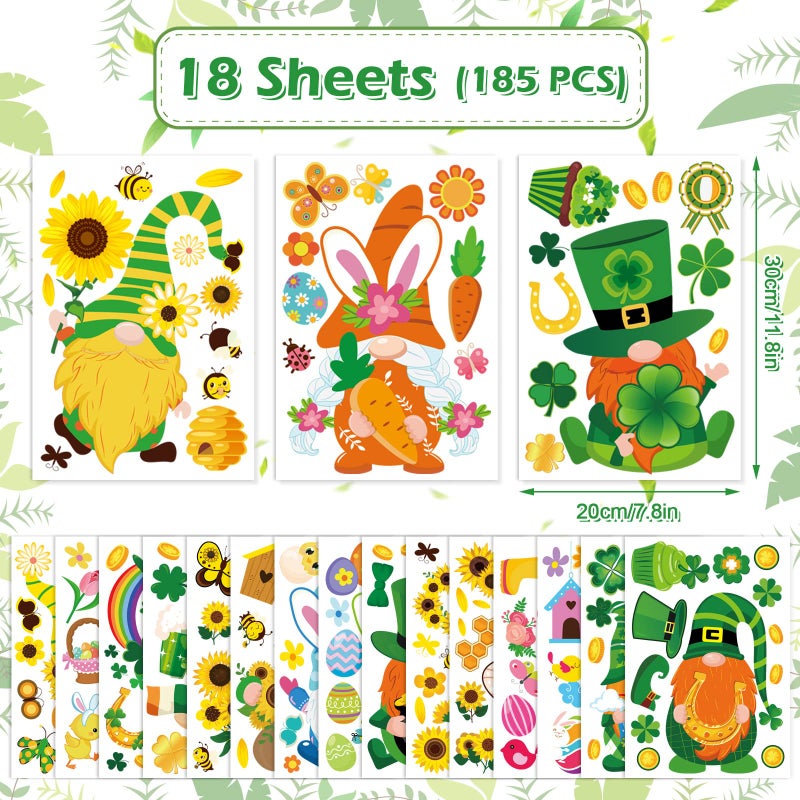 Whaline 18 Sheet Spring St. Patrick's Day Easter Window Clings Stickers Cute Gnome Window Decals Sunflower Bee Shamrock Easter Bunny Eggs Window Decor for Home School Office Decor Party Supplies - Image 5