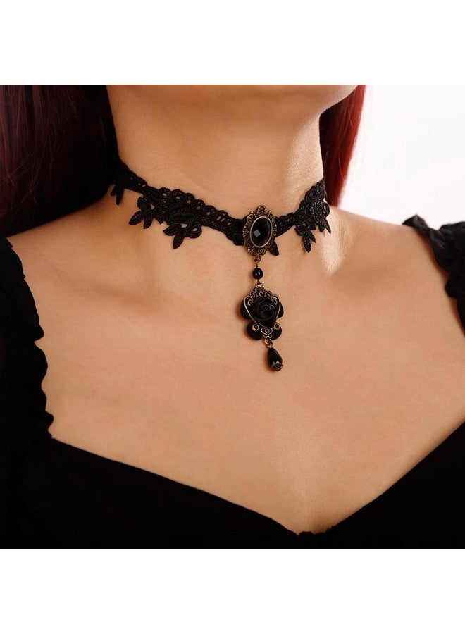 Denifery Gothic Black Lace Choker Necklaces Crystal Collar Choker Jewelry Adjustable For Women (Style 3) - Image 2
