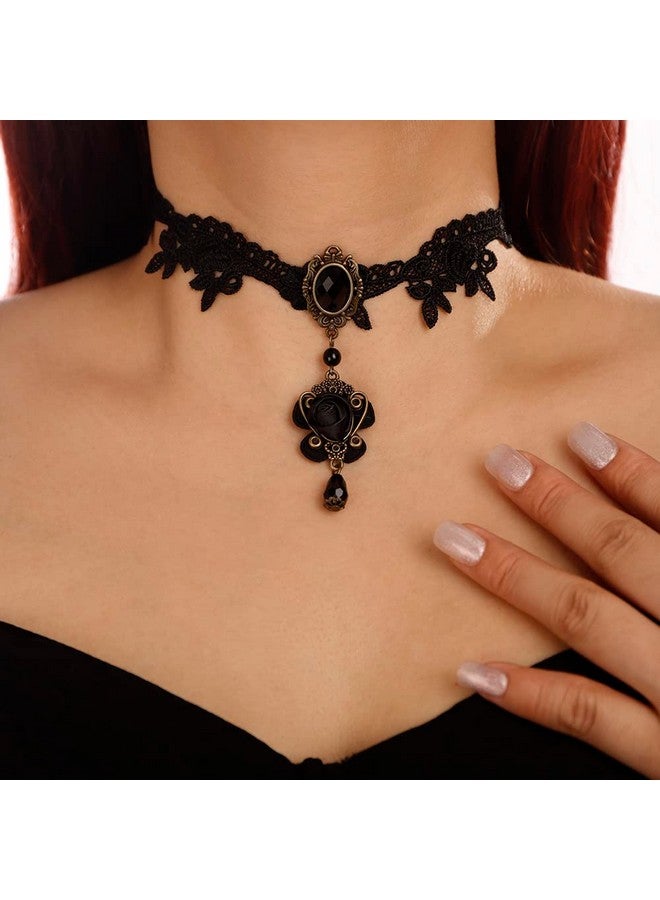 Denifery Gothic Black Lace Choker Necklaces Crystal Collar Choker Jewelry Adjustable For Women (Style 3) - Image 3