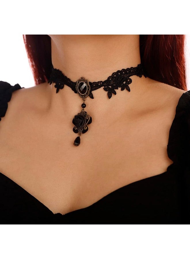 Denifery Gothic Black Lace Choker Necklaces Crystal Collar Choker Jewelry Adjustable For Women (Style 3) - Image 4