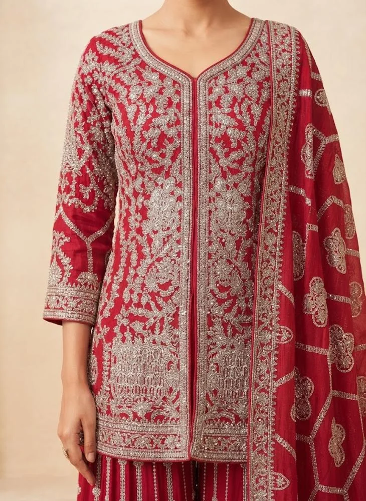 Viny VINY Red 3-Piece Embellished Gharara Suit Set – Women's Indian Ethnic Wear