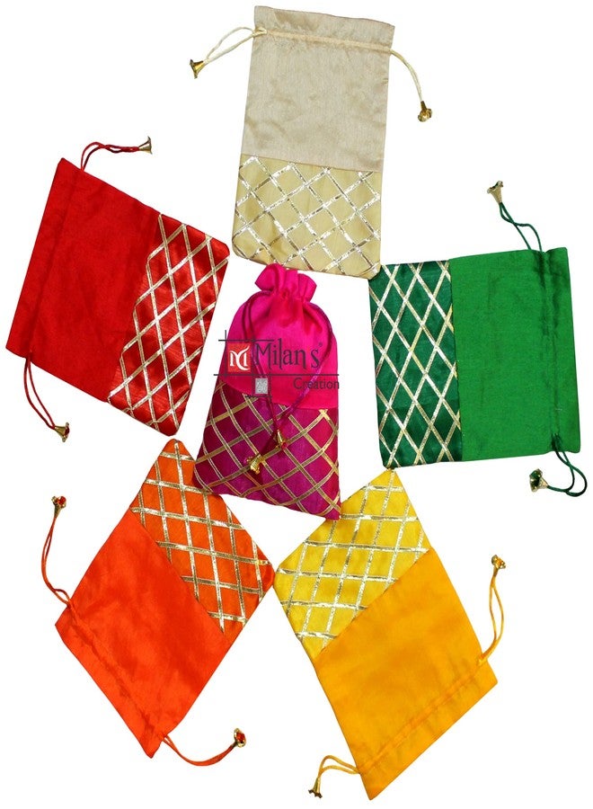 MILAN'S CREATION: Gota lace Colorful Potli Bags for Women, Shagun, Return Gift Potli Bags, Dry Fruits Potli Bags, Party Favor Gift Bags, Giveaways (Set of 6 Mix colors) - Image 1