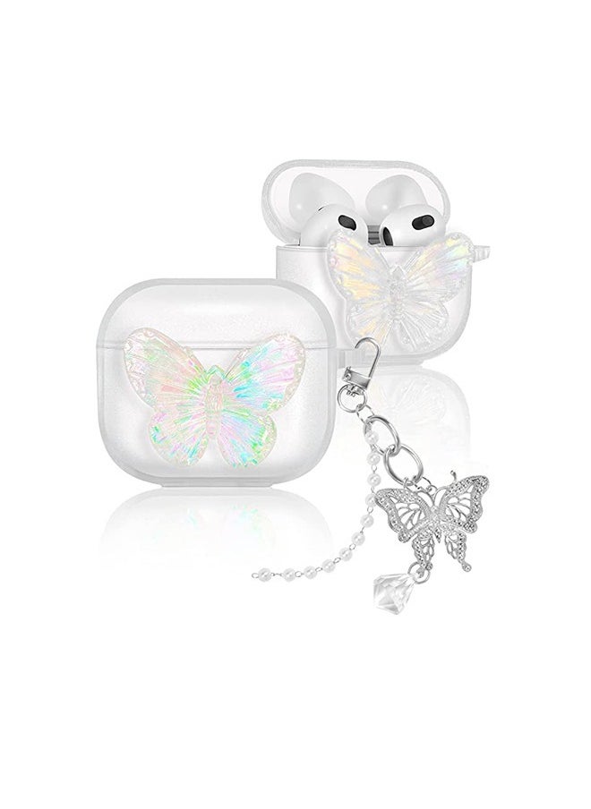 Generic - Transparent Glitter Butterfly Headphone Cover Suitable For Air Pod 3 (2021), Apple Bluetooth Wireless Earphone Protection Case, Retro Butterfly Pendant Decoration (White) - Image 1