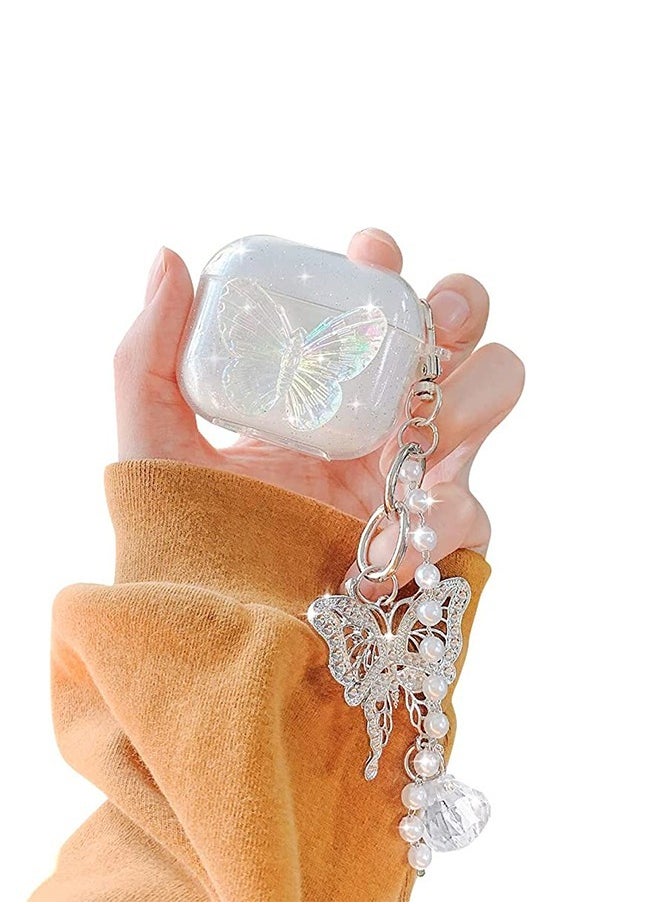Generic - Transparent Glitter Butterfly Headphone Cover Suitable For Air Pod 3 (2021), Apple Bluetooth Wireless Earphone Protection Case, Retro Butterfly Pendant Decoration (White) - Image 1
