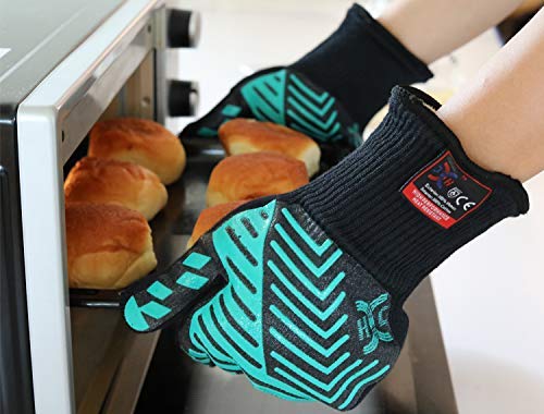 JH J H Heat Resistant Oven Glove:EN407 Certified 932 °F, 2 Layers Silicone Coating, Oven Mitts for Cooking, Kitchen, Fireplace,Camping, Grilling (Black/Green, Extra Long Cuff) - Image 3