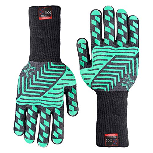 JH J H Heat Resistant Oven Glove:EN407 Certified 932 °F, 2 Layers Silicone Coating, Oven Mitts for Cooking, Kitchen, Fireplace,Camping, Grilling (Black/Green, Extra Long Cuff) - Image 1