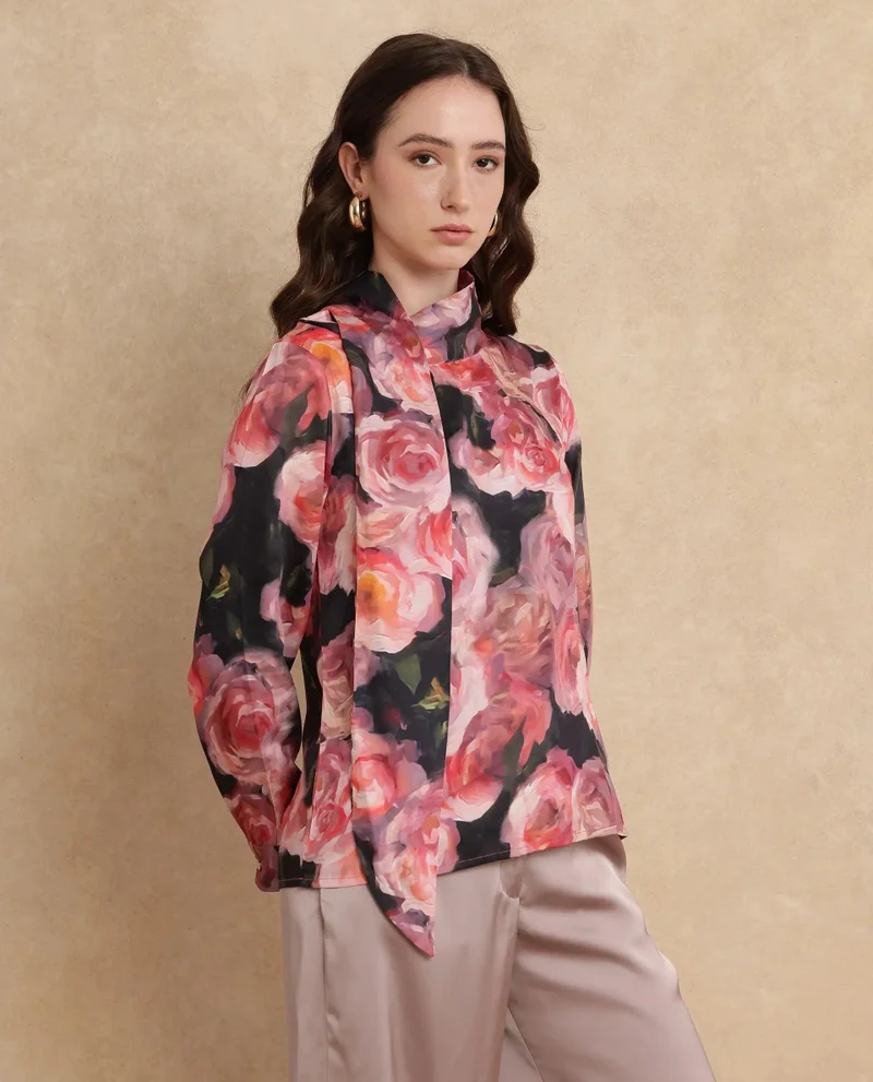 Rareism Women's Cowl Neck Floral Print Top