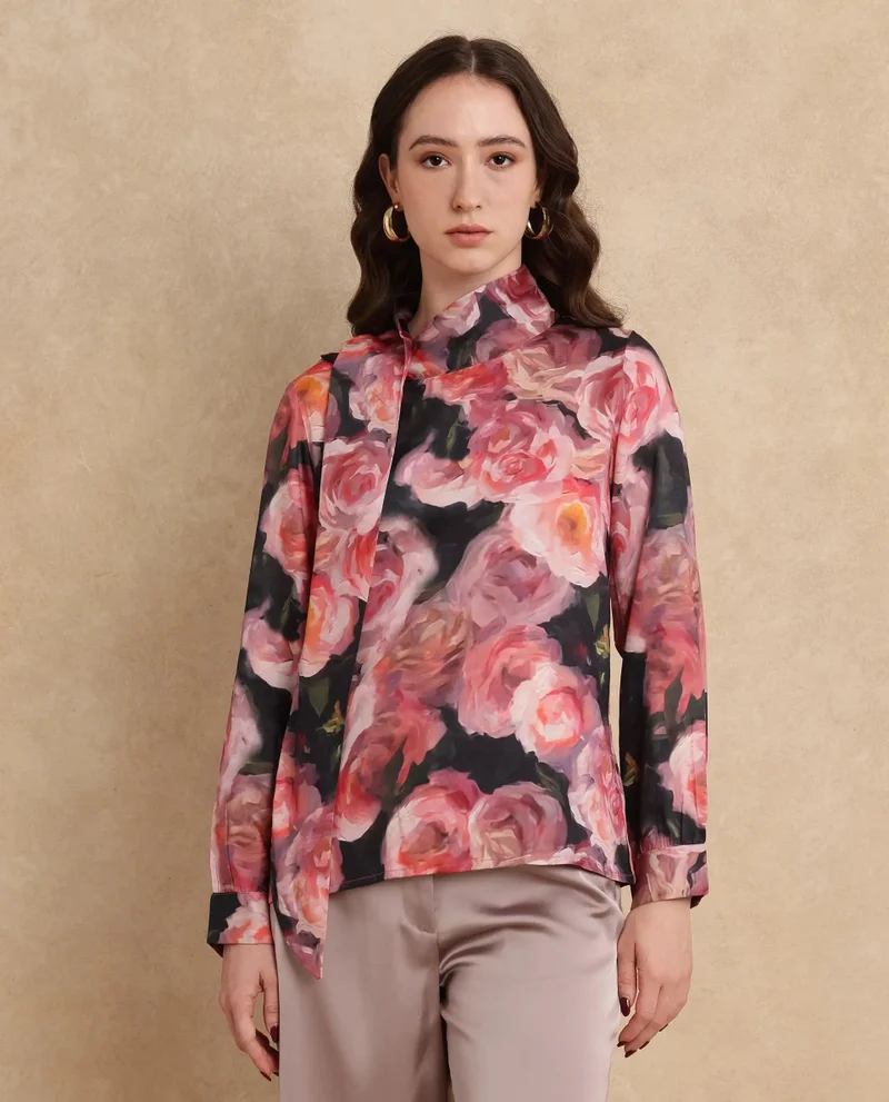 Rareism Women's Cowl Neck Floral Print Top
