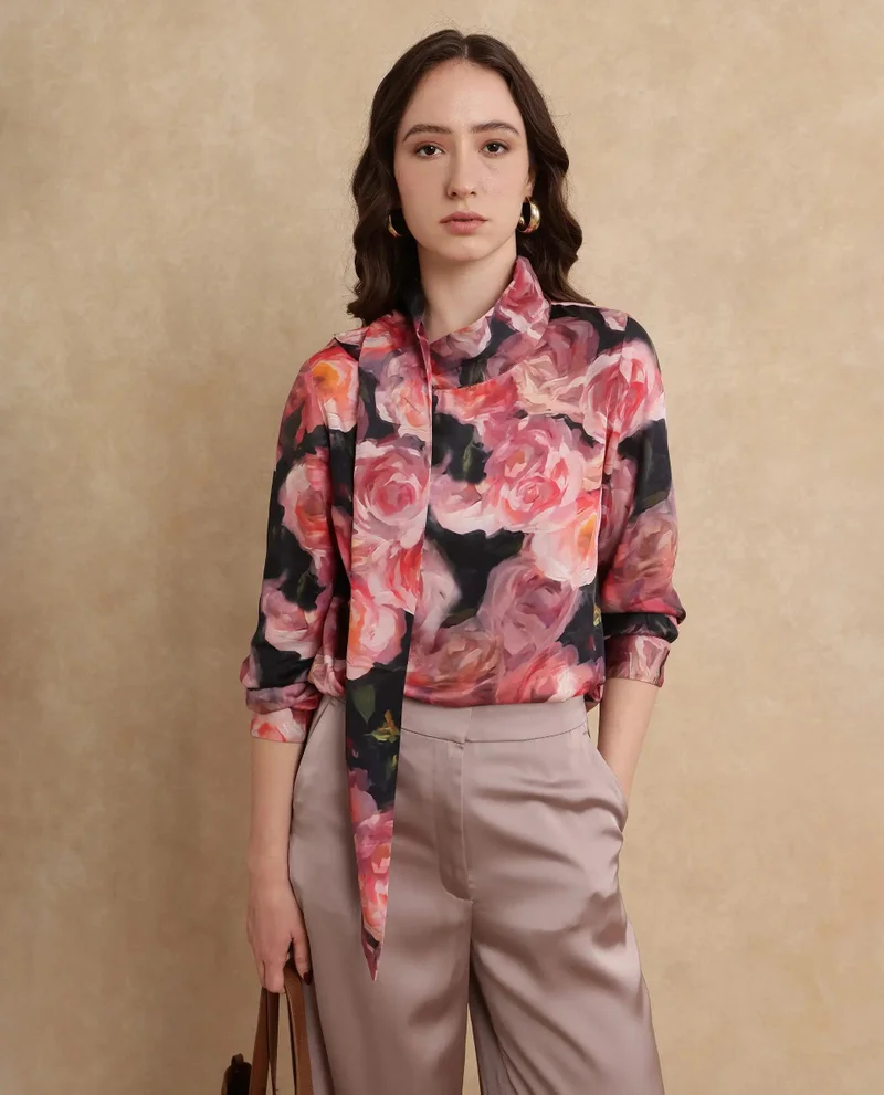 Rareism Women's Cowl Neck Floral Print Top