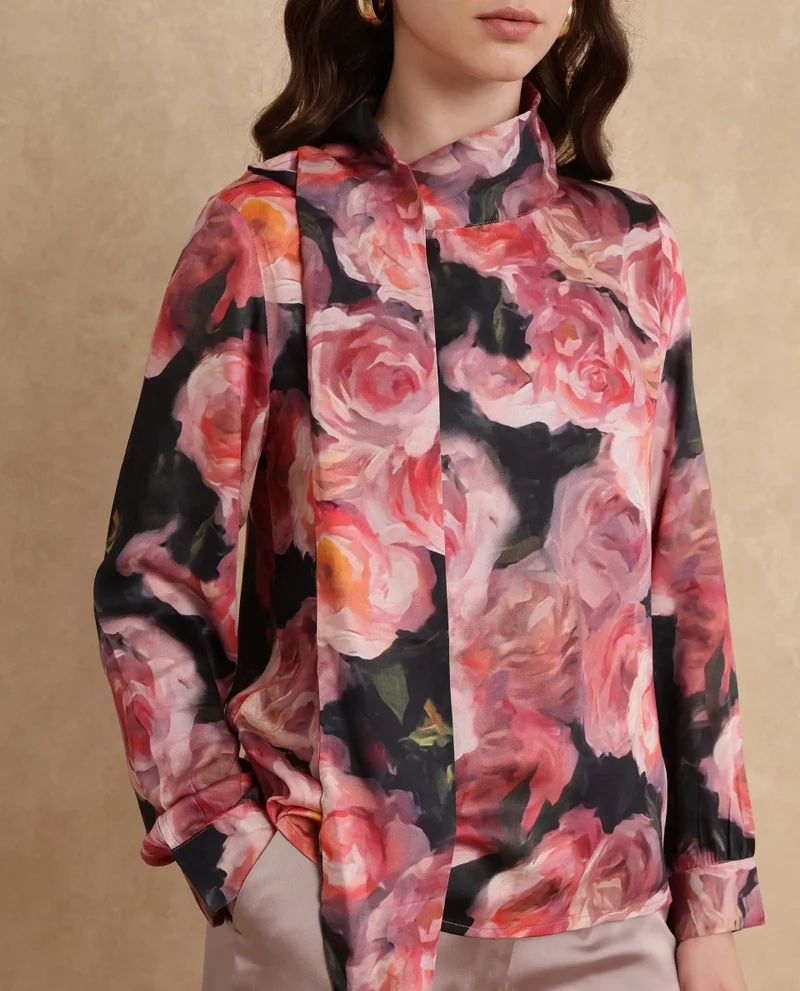 Rareism Women's Cowl Neck Floral Print Top