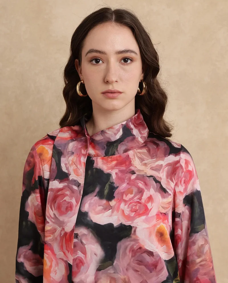 Rareism Women's Cowl Neck Floral Print Top