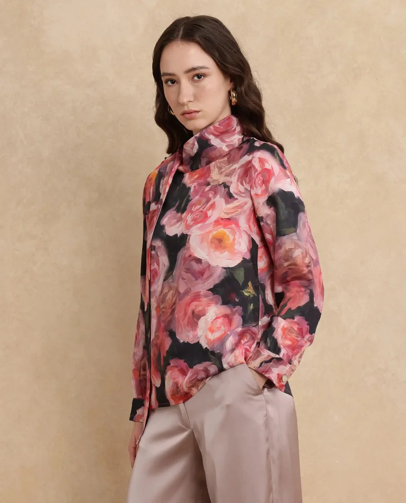 Rareism Women's Cowl Neck Floral Print Top