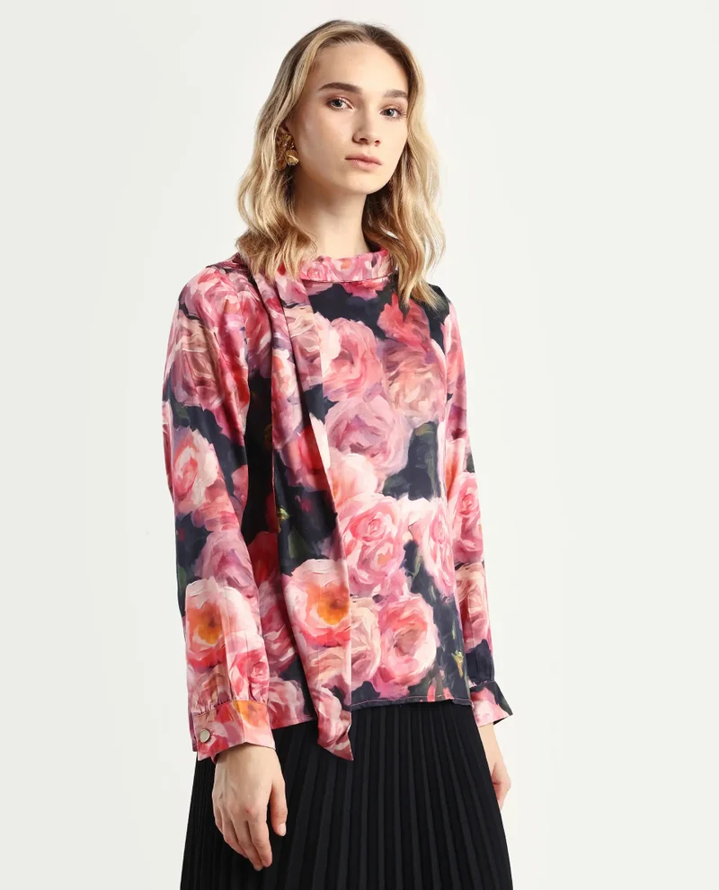 Rareism Women's Cowl Neck Floral Print Top