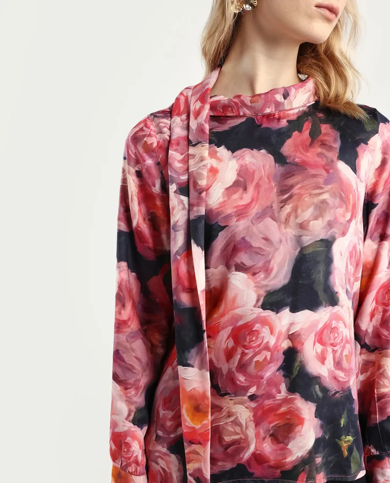 Rareism Women's Cowl Neck Floral Print Top