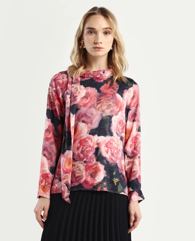 Rareism Women's Cowl Neck Floral Print Top