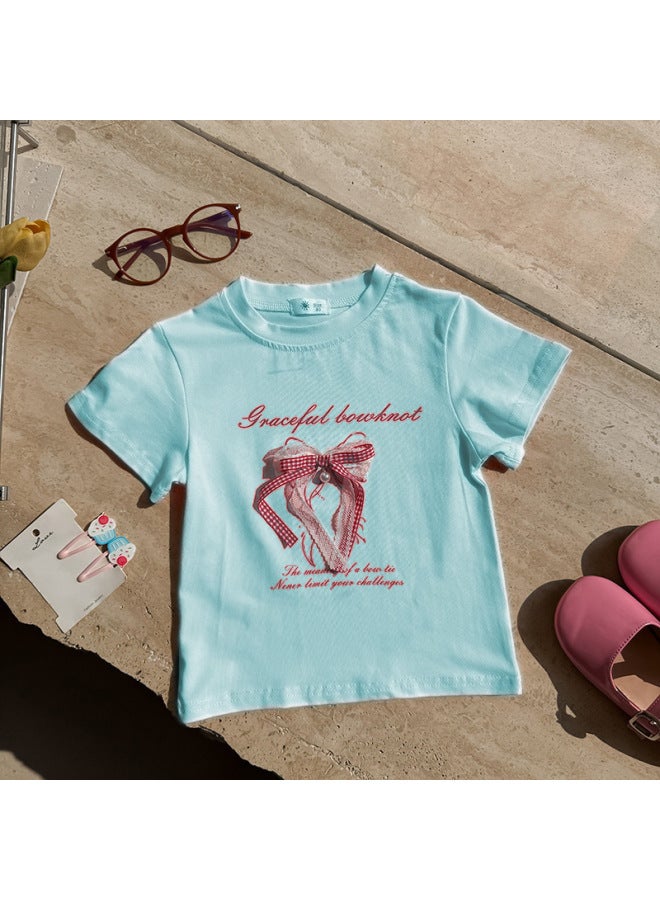 3d Printed Bow Children's Short Sleeve T-shirt Summer Loose Korean Style Cartoon Top Fashion Princess Base Layer