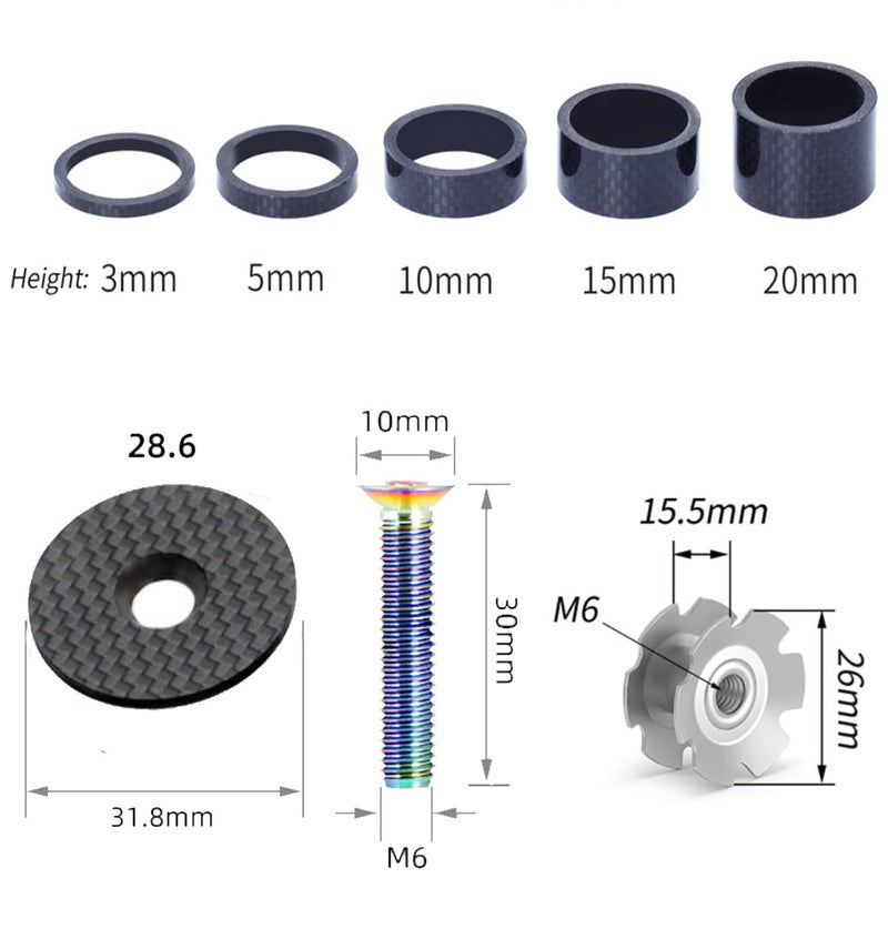 CYCEARTH Bike 3K Carbon Fiber Headset Spacer Kit 3 5 10 15 20mm+ Headset Top Cap + Star Nut + Titanium Bolt Fits 1-1/8 Inch 28.6mm Stems and Forks - Image 2
