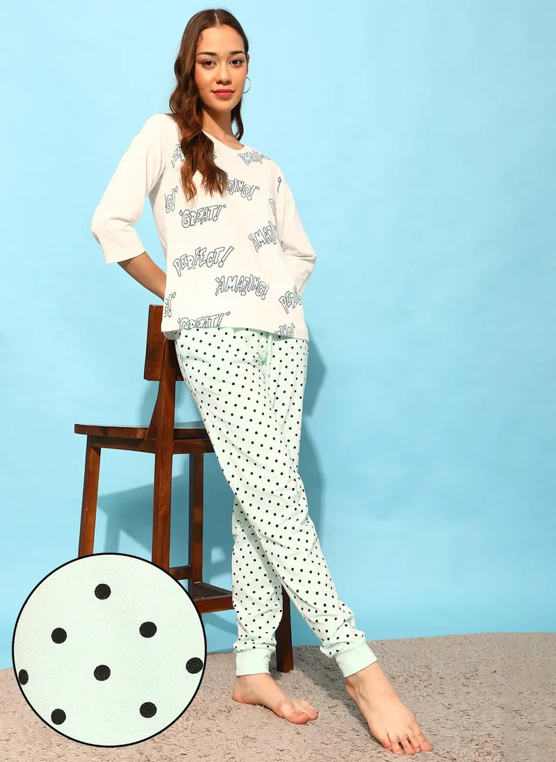 Clovia Clovia Print Me Pretty Top in White & Joggers in Baby Blue - 100% Cotton