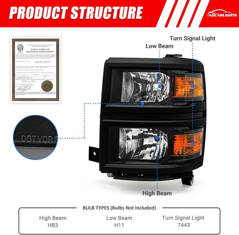 ADCARLIGHTS Headlight Assembly for 2014-2015 Chevy Silverado 1500 Black Housing with Amber Reflector LH+RH Pair - Image 2