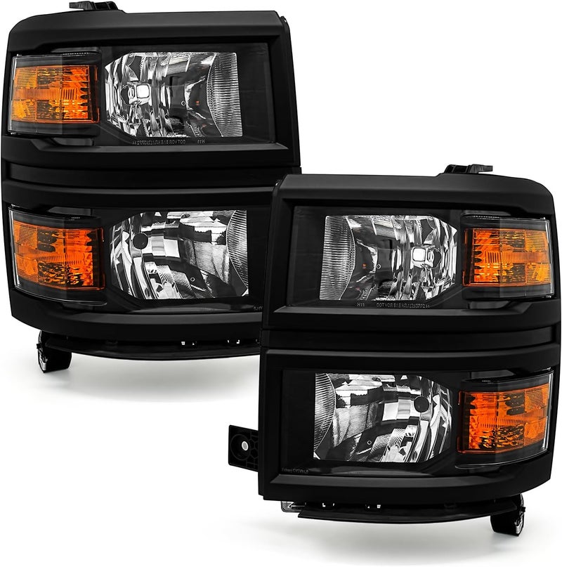 ADCARLIGHTS Headlight Assembly for 2014-2015 Chevy Silverado 1500 Black Housing with Amber Reflector LH+RH Pair - Image 1