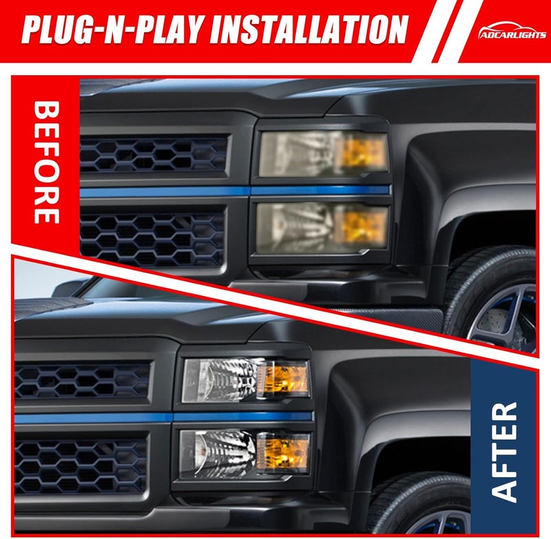 ADCARLIGHTS Headlight Assembly for 2014-2015 Chevy Silverado 1500 Black Housing with Amber Reflector LH+RH Pair - Image 4